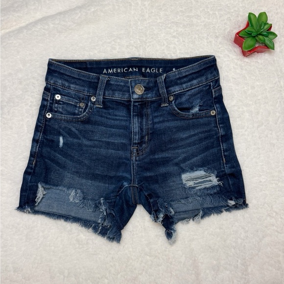 American Eagle Midi Denim Shorts Blue Distressed Size 0 - Picture 1 of 9